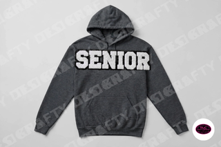 Senior chenille patch on Gildan Hoodie in Dark Heather