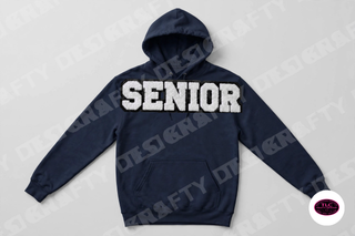 Senior chenille patch on Gildan Hoodie in Navy