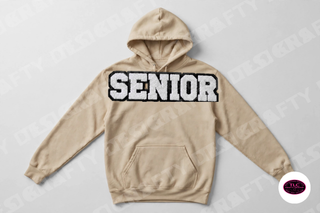 Senior chenille patch on Gildan Hoodie in Sand