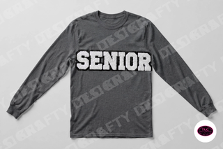 Senior chenille patch on Gildan Long Sleeve in Dark Heather