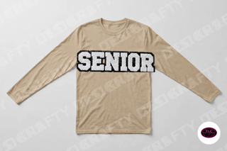 Senior chenille patch on Gildan Long Sleeve in Sand