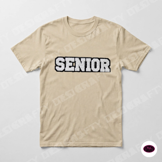 Senior chenille patch on Gildan Tee in Sand