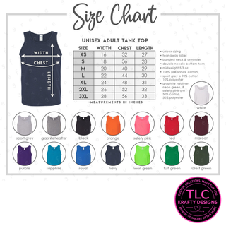 Size chart for unisex adult tank tops with color options and measurements.