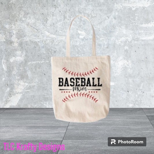 Canvas tote proudly declaring "Baseball Mom," adorned with charming baseball imprints