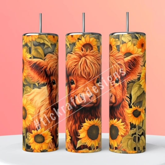 Alluring sublimation 20oz. tumbler showcasing a highland cow surrounded by lush sunflowers