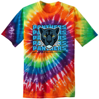 Maplewood Heights Panthers Stacked design on Port & Company Tie-Dye tee in Rainbow