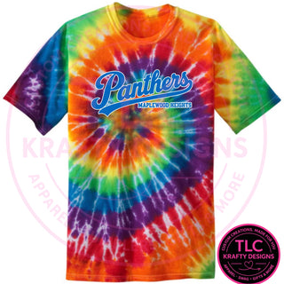 Maplewood Heights Panthers Script design on Port & Company Tie-Dye tee in Rainbow