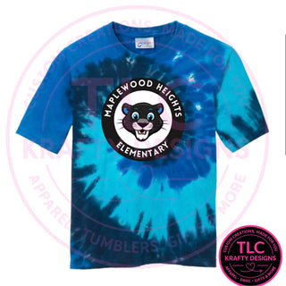 Maplewood Heights Panthers Badge design on Port & Company Tie-Dye tee in Ocean Rainbow