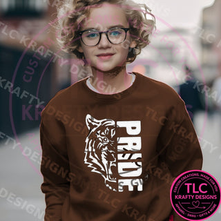 TIG1 tigers pride design on dark chocolate brown sweatshirt