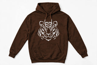 TIG2 tiger face design on dark chocolate brown hoodie