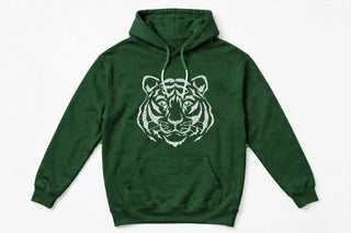 TIG2 tiger face design on forest green hoodie
