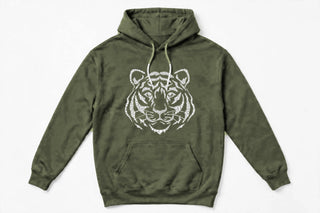 TIG2 tiger face design on heathered military green hoodie