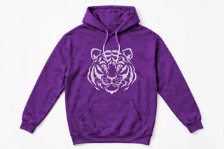 TIG2 tiger face design on purple hoodie