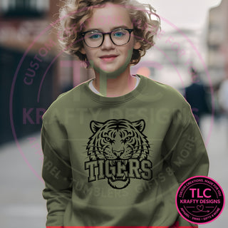 TIG3 tigers head design on heathered military green sweatshirt