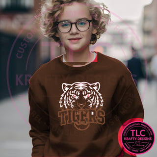 TIG4 white tigers head design on dark chocolate brown sweatshirt