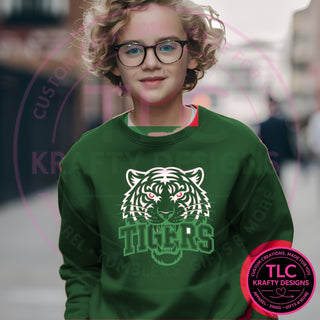 TIG4 white tigers head design on forest green sweatshirt
