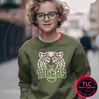TIG4 white tigers head design on heathered military green sweatshirt