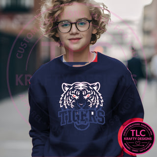 TIG4 white tigers head design on navy sweatshirt