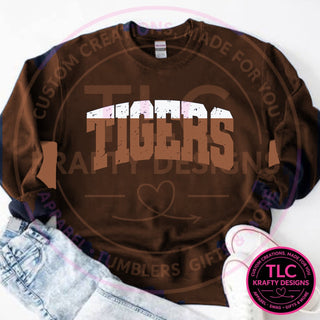 TIG6 distressed tigers design on dark chocolate brown sweatshirt