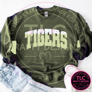 TIG6 distressed tigers design on heathered military green sweatshirt