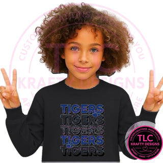 TIG7 stacked blue tigers design on black sweatshirt