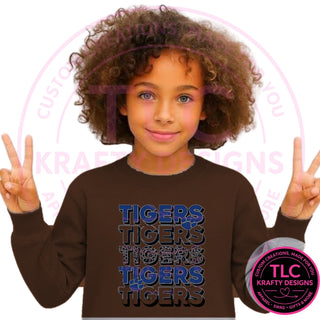 TIG7 stacked blue tigers design on dark chocolate brown sweatshirt