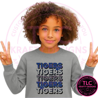 TIG7 stacked blue tigers design on gravel gray sweatshirt