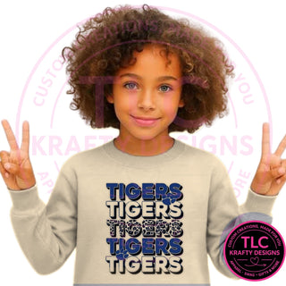 TIG7 stacked blue tigers design on heathered oatmeal sweatshirt