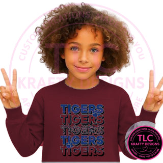 TIG7 stacked blue tigers design on maroon sweatshirt