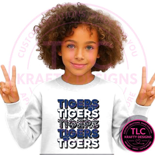 TIG7 stacked blue tigers design on white sweatshirt