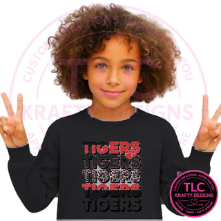 TIG8 stacked red tigers design on black sweatshirt