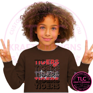 TIG8 stacked red tigers design on dark chocolate brown sweatshirt