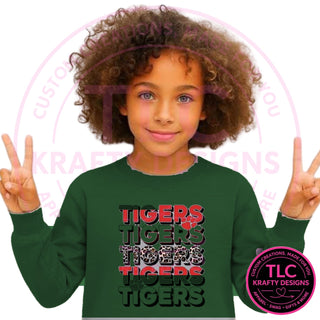 TIG8 stacked red tigers design on forest green sweatshirt
