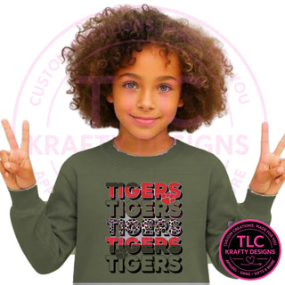 TIG8 stacked red tigers design on heathered military green sweatshirt
