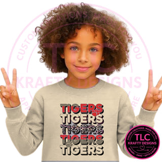 TIG8 stacked red tigers design on heathered oatmeal sweatshirt