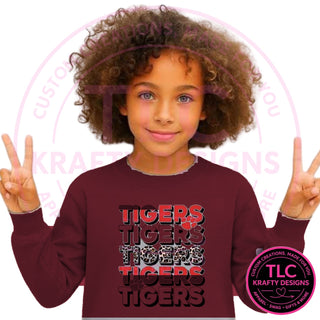 TIG8 stacked red tigers design on maroon sweatshirt