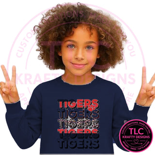 TIG8 stacked red tigers design on navy sweatshirt