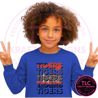 TIG8 stacked red tigers design on royal sweatshirt
