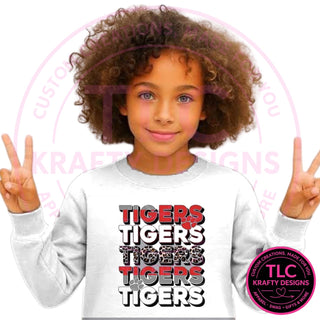 TIG8 stacked red tigers design on white sweatshirt