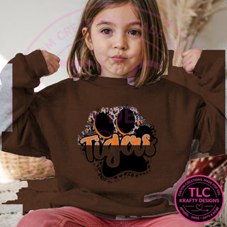 TIG9 tigers paw script design on dark chocolate brown sweatshirt