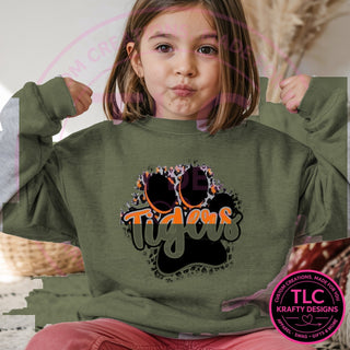 TIG9 tigers paw script design on heathered military green sweatshirt