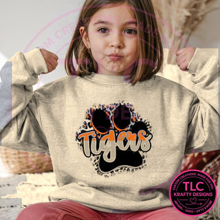 TIG9 tigers paw script design on heathered oatmeal sweatshirt