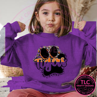 TIG9 tigers paw script design on purple sweatshirt