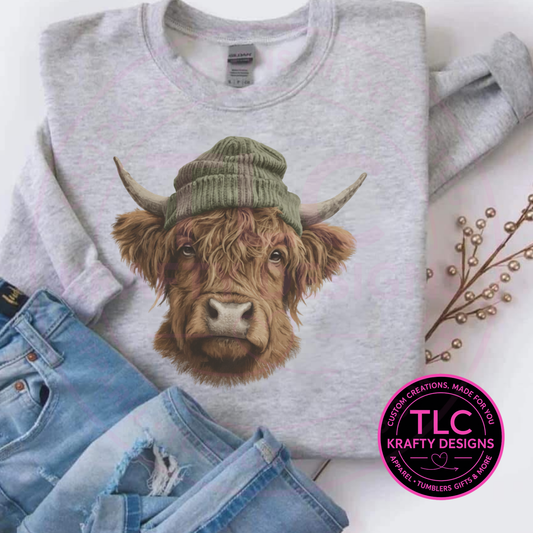 Highland Cow Beanie Graphic Sweatshirt or T-Shirt – Trendy Cow Design Apparel
