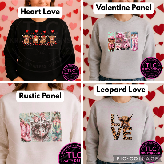 Highland Cow LOVE Valentine Sweatshirt– Panel & LOVE Cow Designs