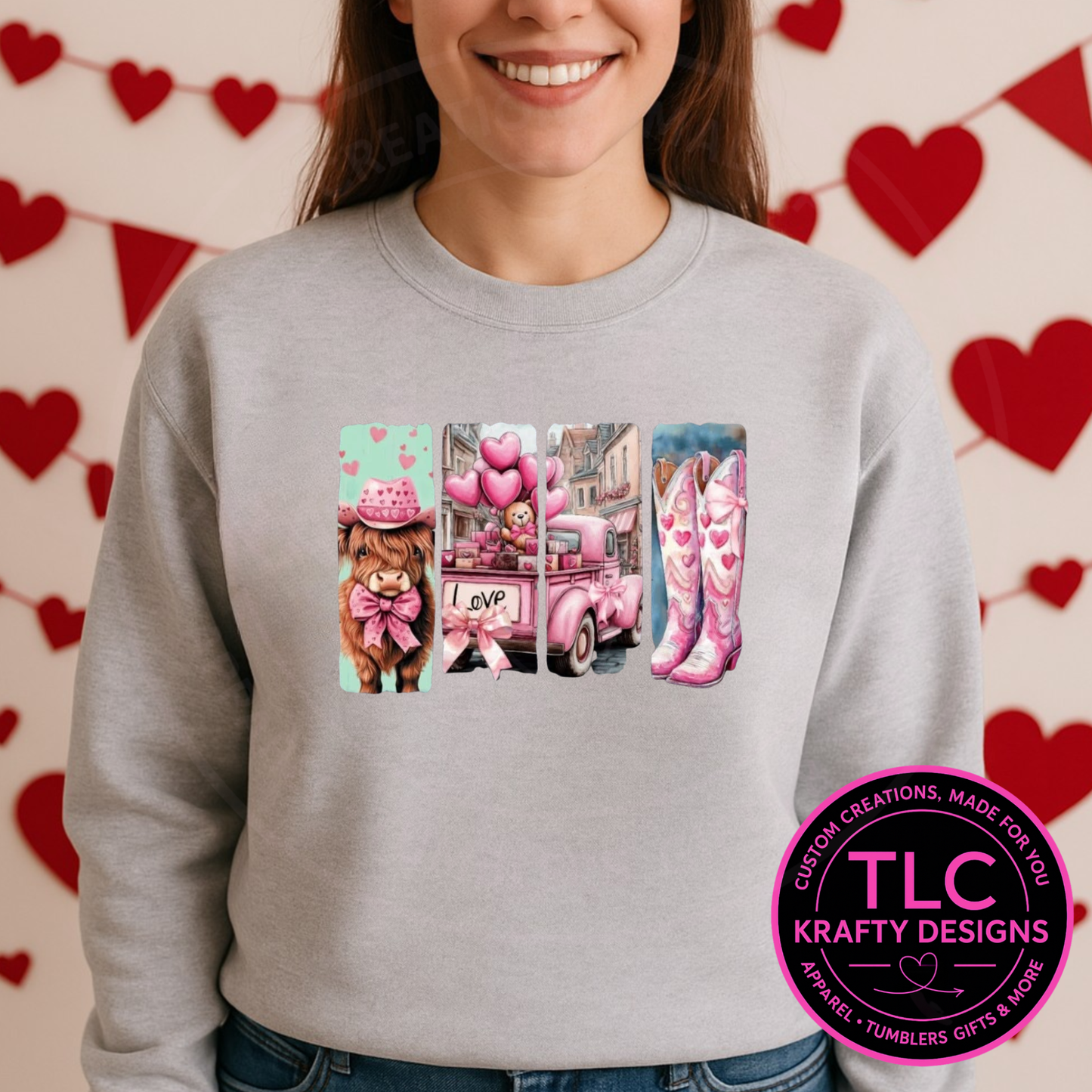 Highland Cow LOVE Valentine Sweatshirt– Panel & LOVE Cow Designs