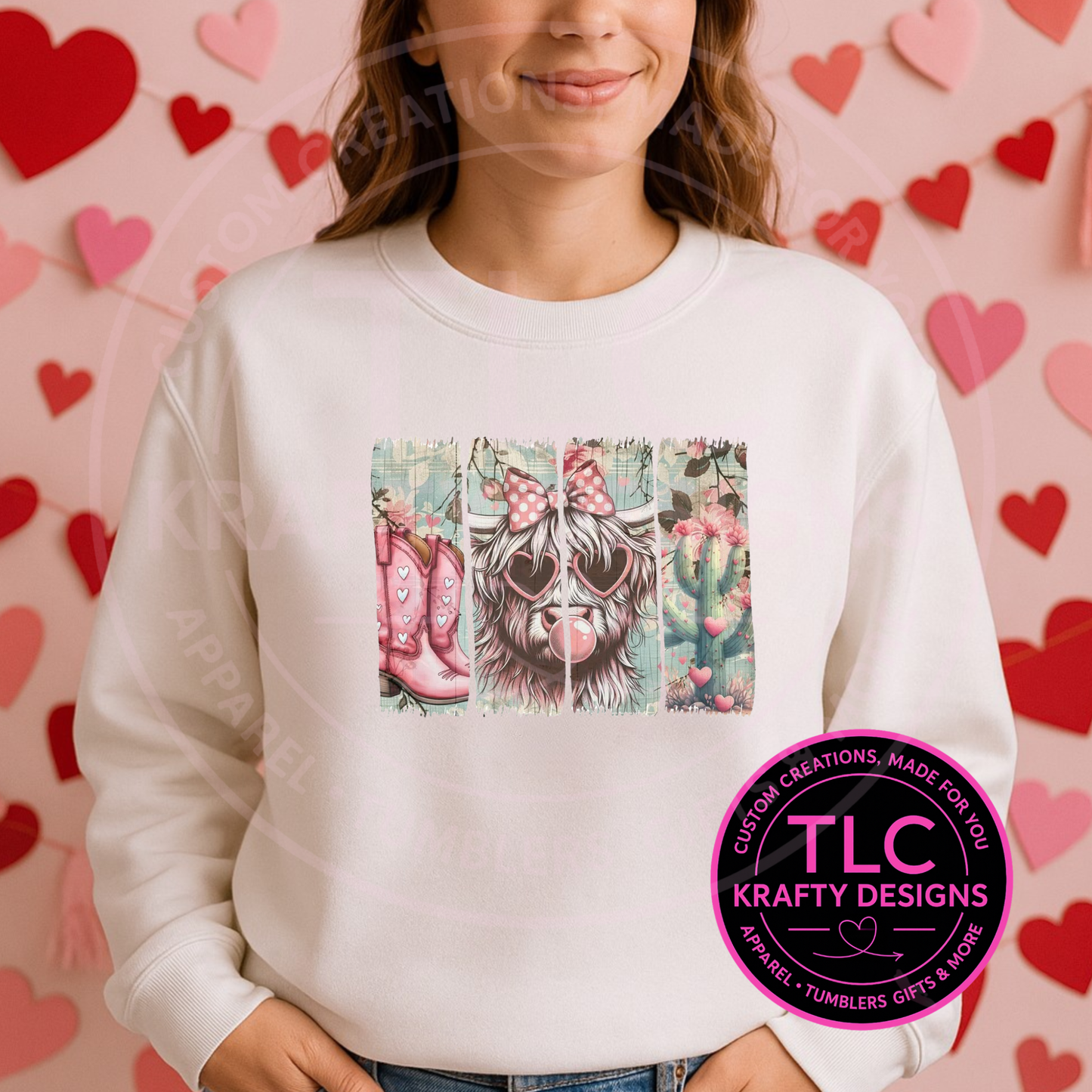 Highland Cow LOVE Valentine Sweatshirt– Panel & LOVE Cow Designs