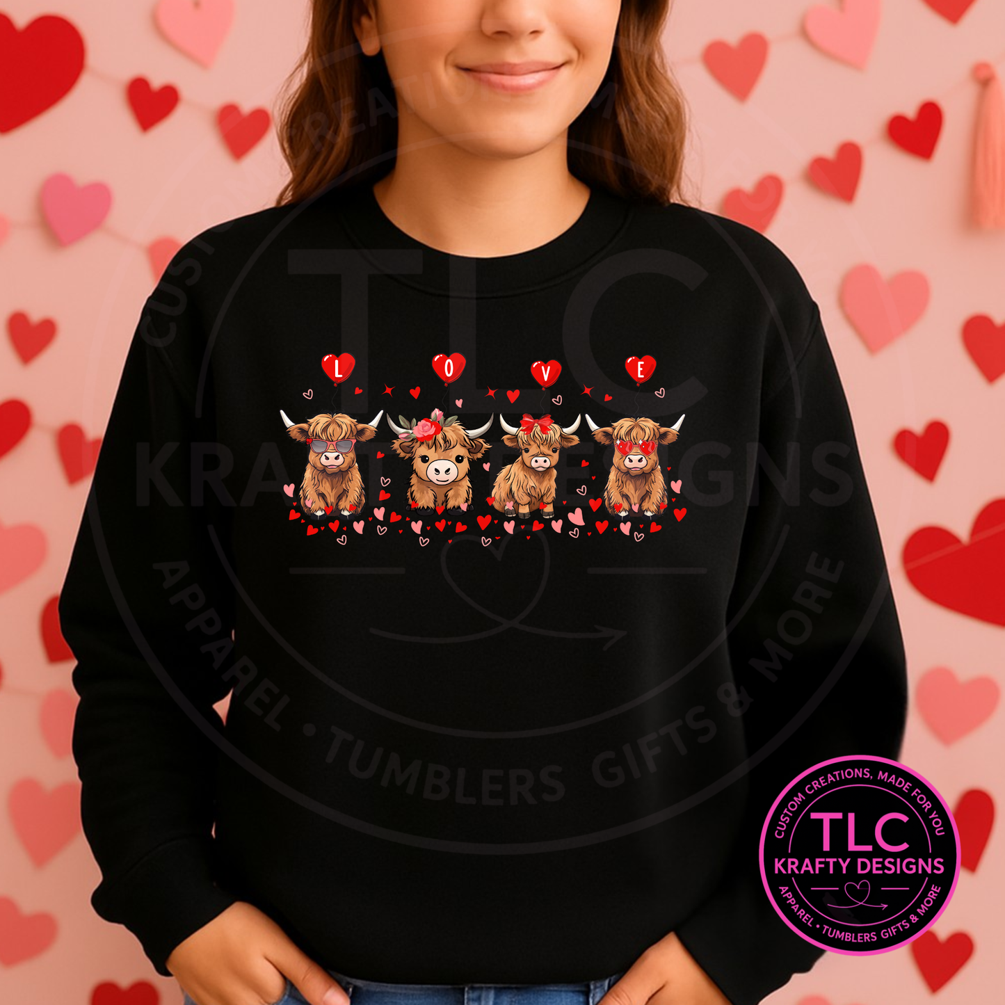 Highland Cow LOVE Valentine Sweatshirt– Panel & LOVE Cow Designs