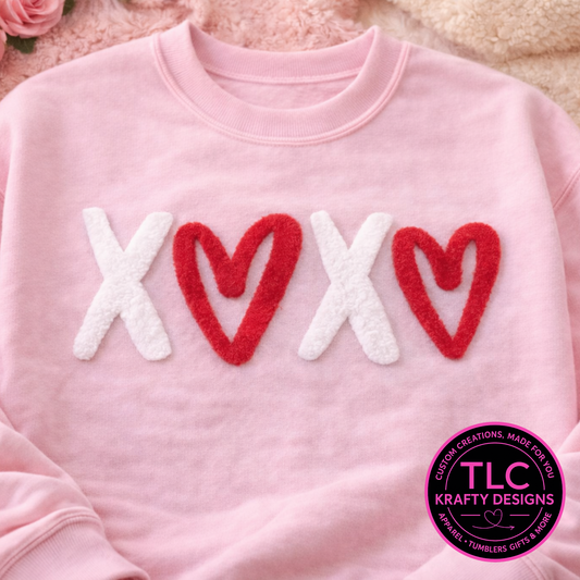 XL XOXO Red and White Heart Letters Fuzzy Chenille Patch Shirt – Valentine's Day T-Shirt or Sweatshirt