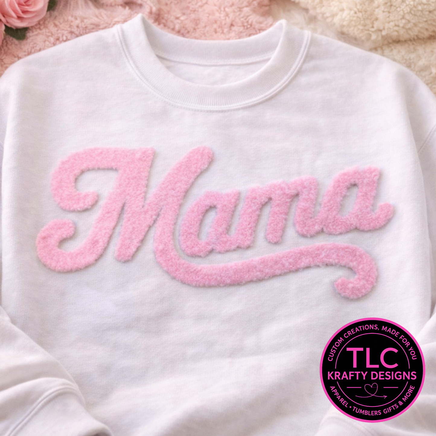 XL MAMA Pink Fuzzy Chenille Patch - Mom Life Heat Press/ Iron-On Appliqué